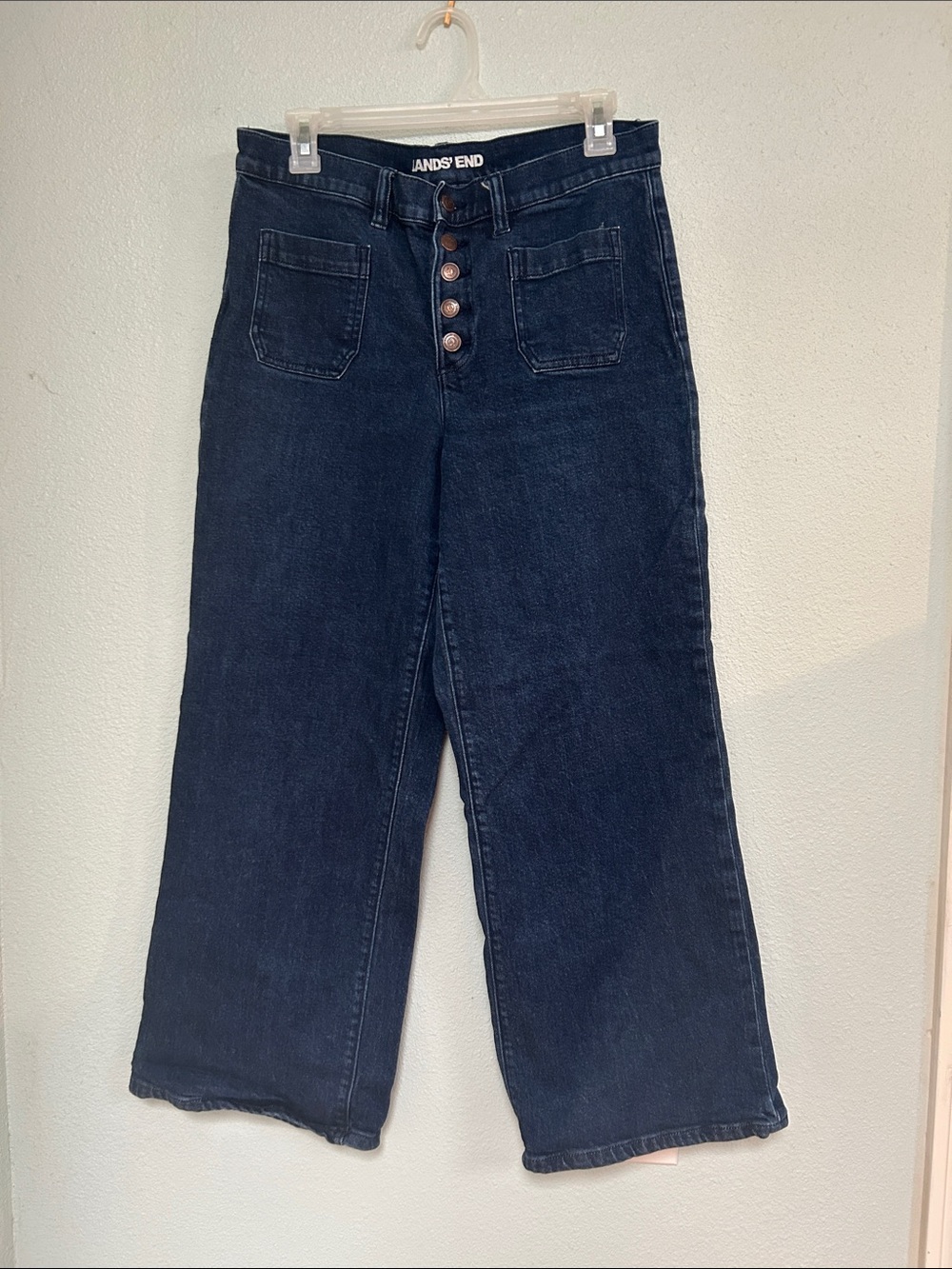 Lands' End Women's Dark Blue Cropped Wide-Leg Jeans with Button-Fly